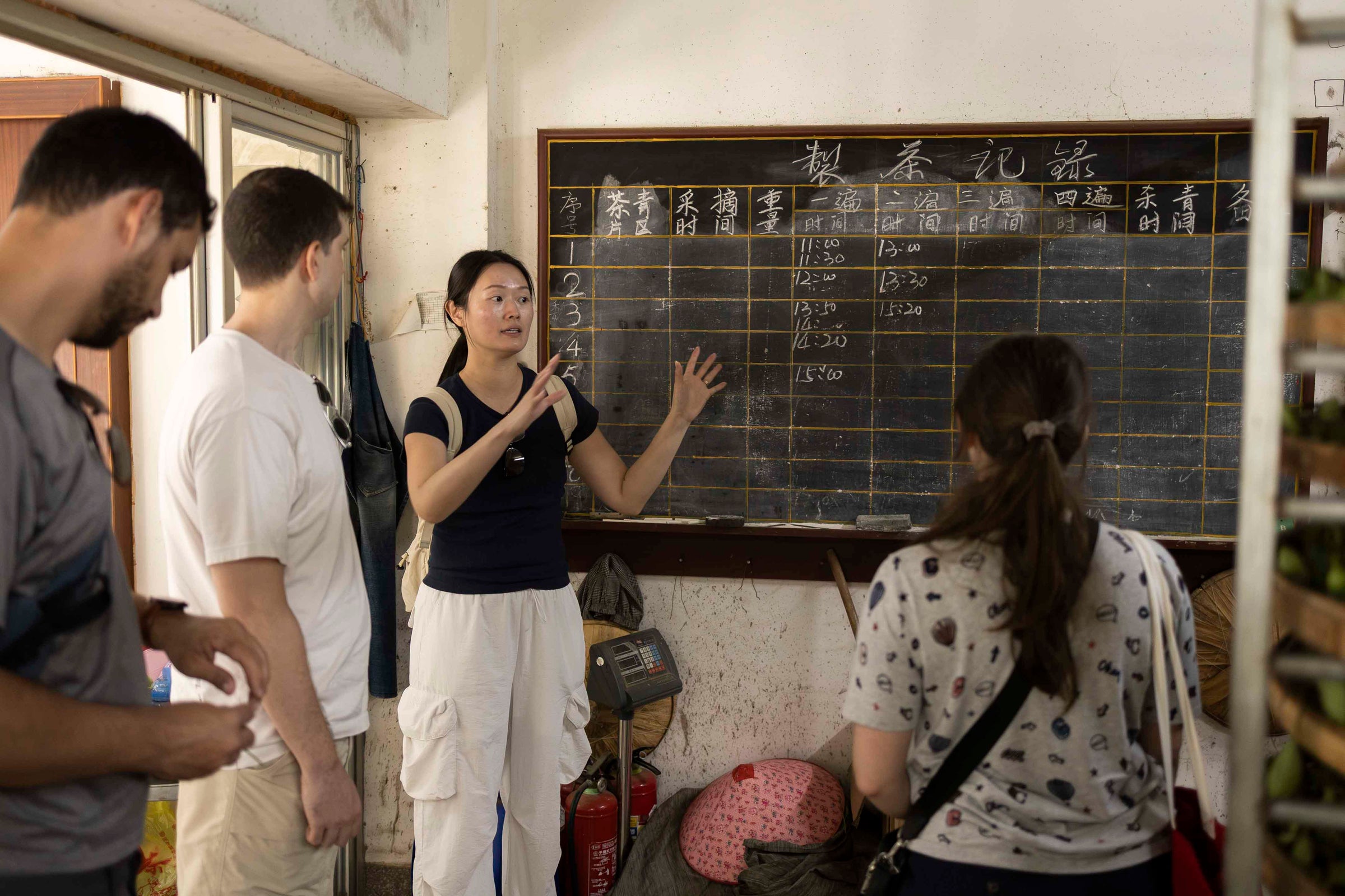Pink Luk explains tie guan yin tea making schedule in a tea factory in Anxi