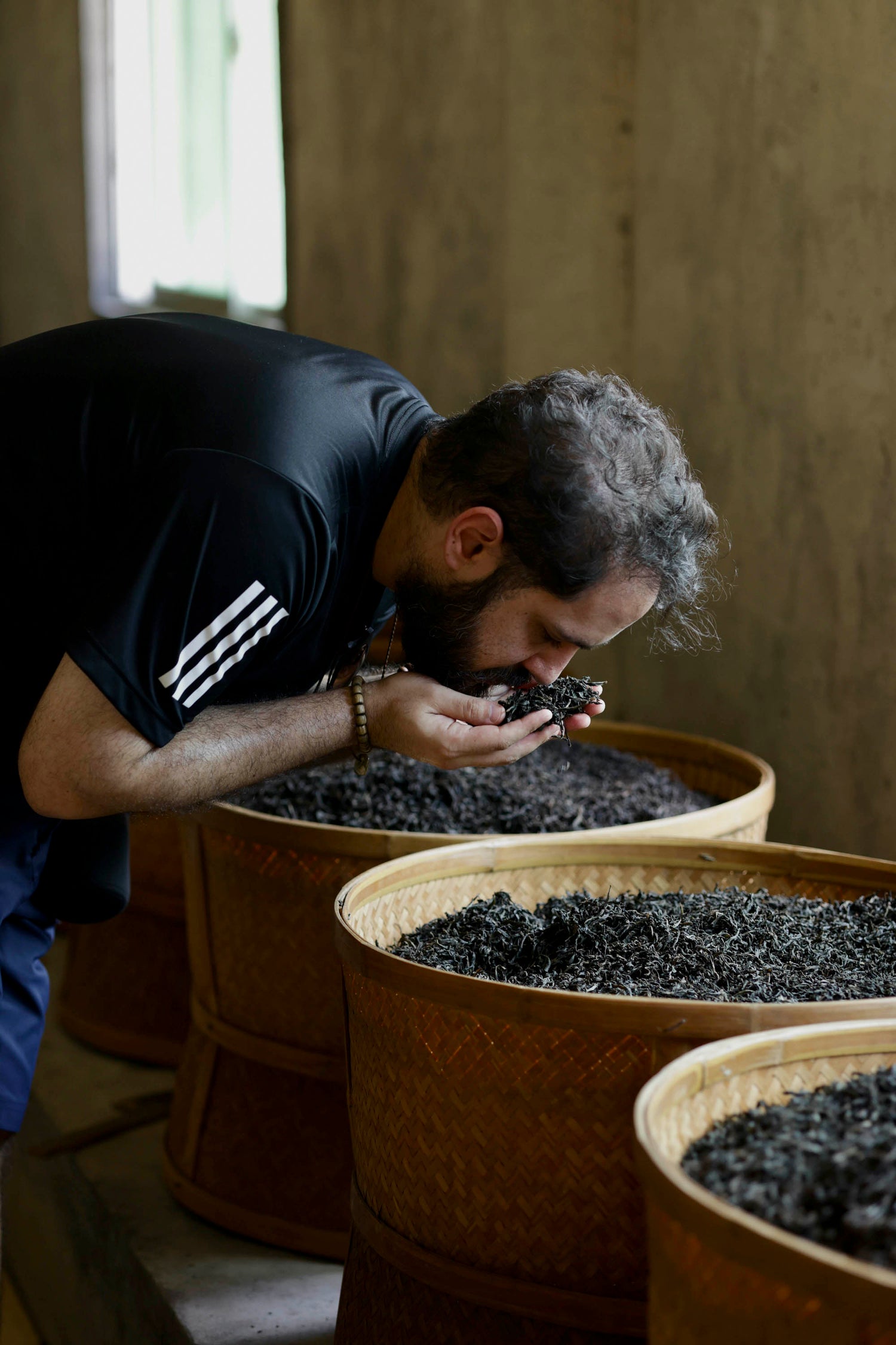 Nadi Biran smelling dark Wuyi wulong tea from his hands over woven bamboo baskets in a baking room at a tea factory.