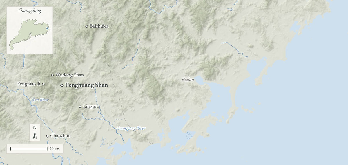 Terrain map of Fenghuang Shan, Chaozhou, Guangdong, with tea places