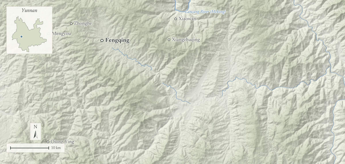 Terrain map of Fengqing, Lincang, Yunnan, with Zhonghe, Qiong Ying, Mengyou, Xiaowan and Xiangzhuqing
