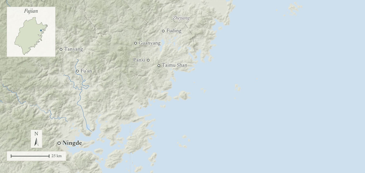 Terrain map of Ningde, Fujian, with tea places Fuding, Fu'an and Tanyang