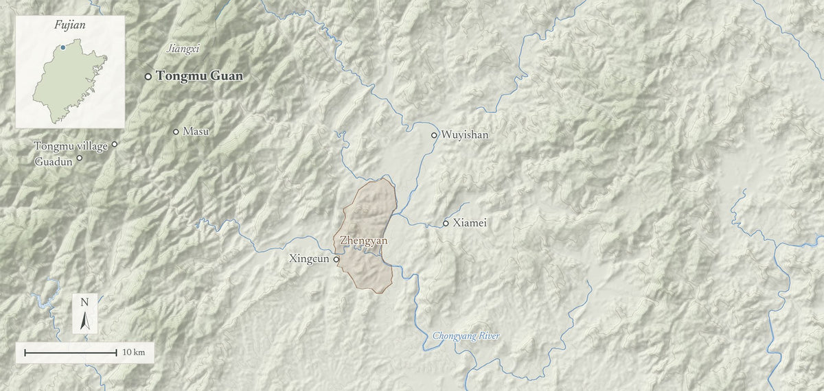 Terrain map of Tongmu Guan, Wuyi Shan, Nanping, Fujian, with tea places