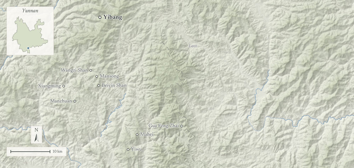 Terrain map of Yibang, Xiangming, Mengla, Xishuangbanna, Yunnan, with tea places