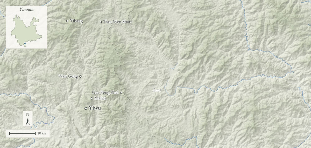 Terrain map of Yiwu, Xishuangbanna, Yunnan, with tea places