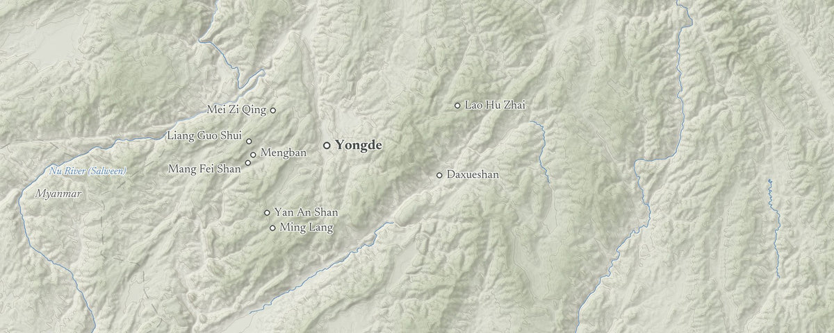Terrain map of Yongde, Lincang, Yunnan, with the tea places