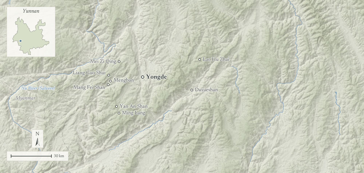 Terrain map of Yongde, Lincang, Yunnan, with tea places